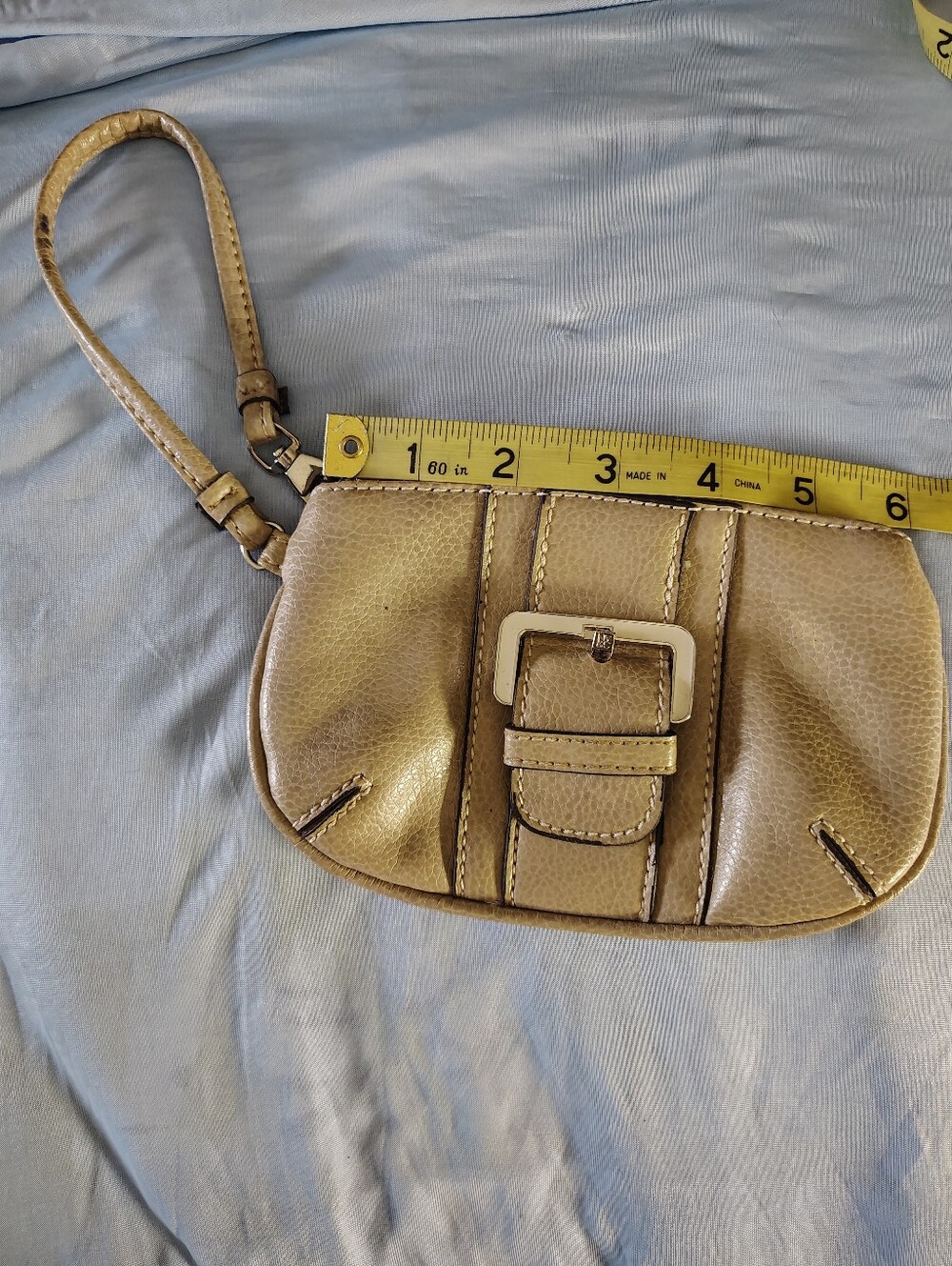 Tan Vegan Wristlet Clutch with Buckle Detail